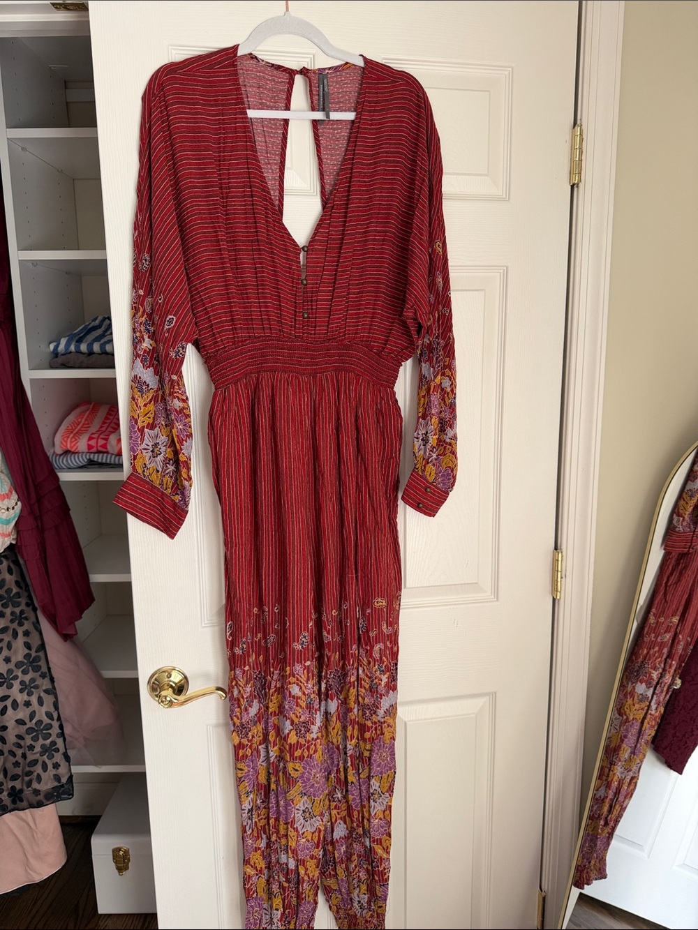 Anthropologie Red Floral-Trim Maxi Dress